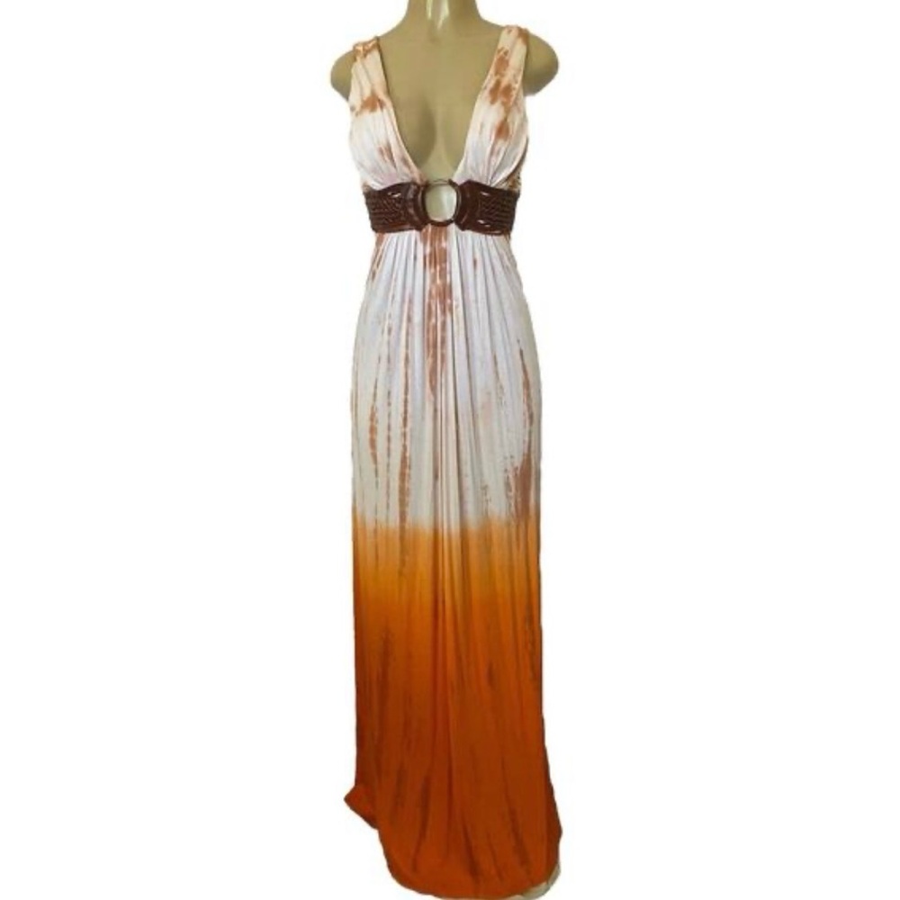 SKY Dress Maxi V-neck Empire Waist Tie Dye Ombre Raw Leather Trim